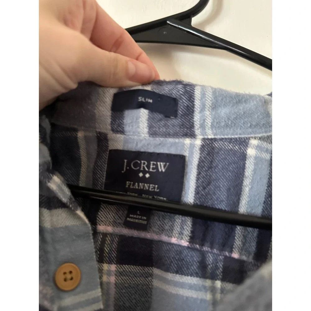 J. Crew Mens Slim Fit Flannel Plaid Button Down Shirt Blue White Cotton Large
